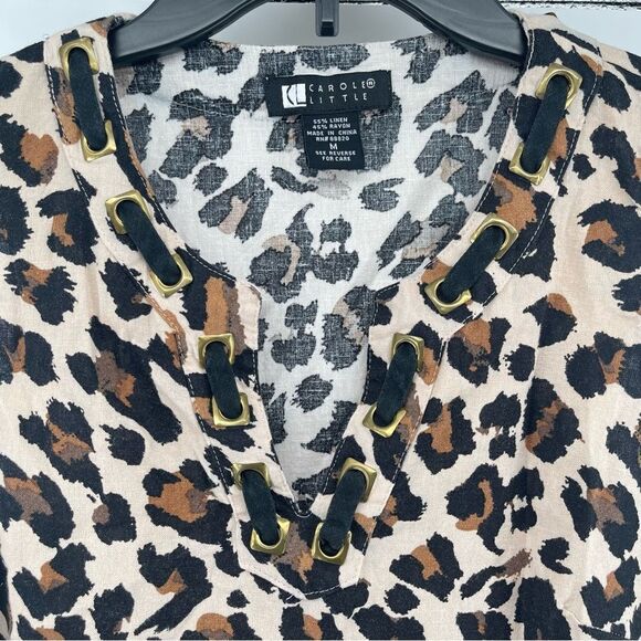 Carole Little Women’s Leopard Print Grommet V-Neck Linen Sleeveless Top Medium - Picture 3 of 12